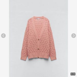 Pink Zara Button Front Open-Stitch V-Neck Long Sleeve Cardigan Sweater (NWT)
